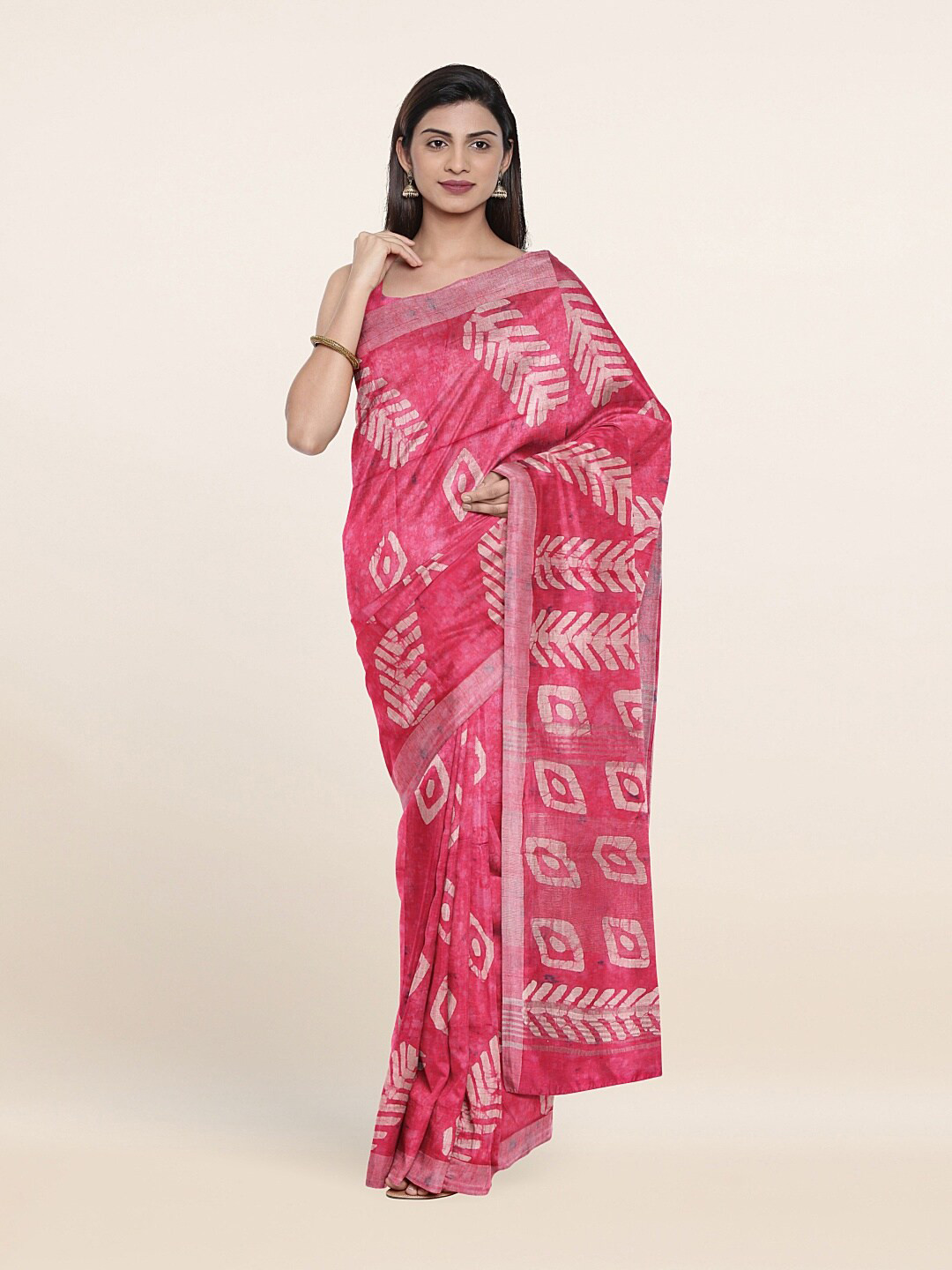 

Pothys Pink & White Geometric Printed Zari Jute Cotton Saree