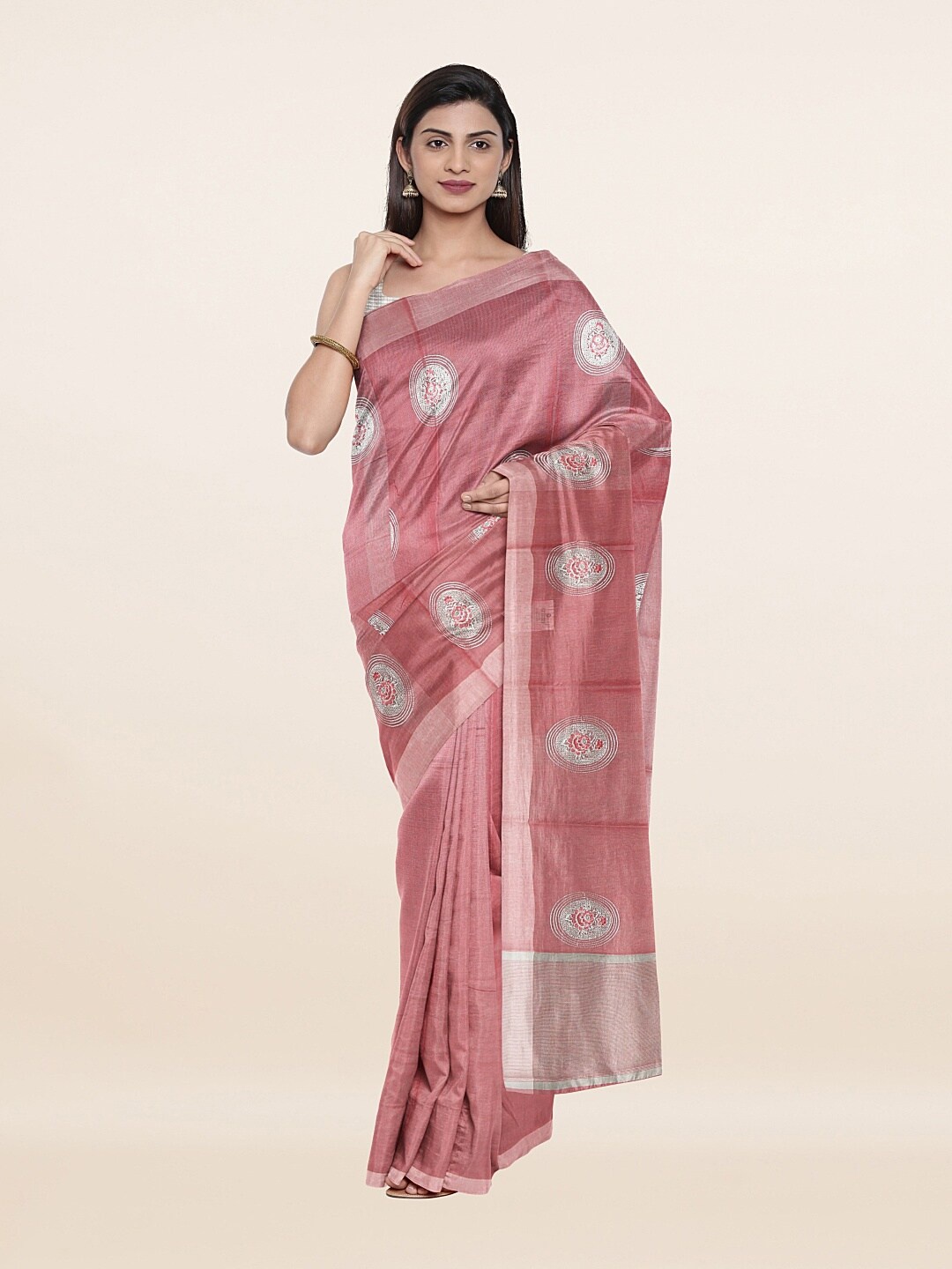 

Pothys Pink & Silver-Toned Floral Zari Tissue Saree