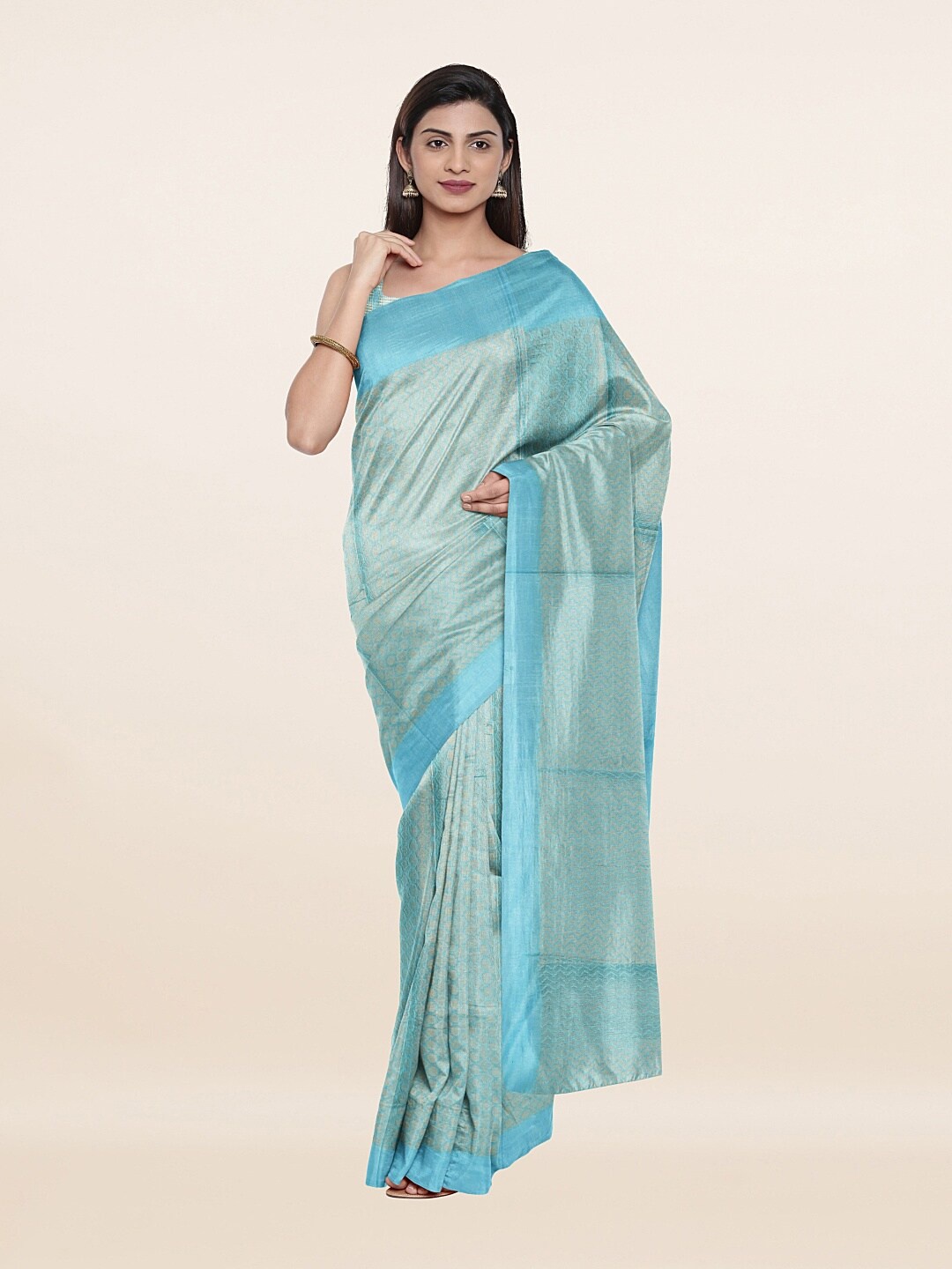 

Pothys Blue & Gold-Toned Woven Design Zari Jute Cotton Saree