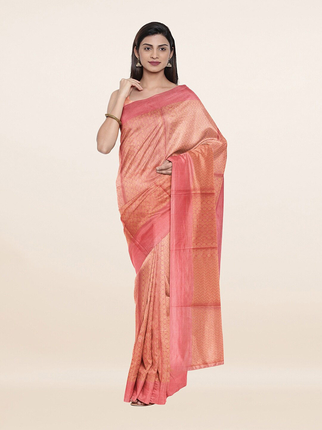 

Pothys Pink & Golden Ethnic Motifs Zari Jute Cotton Saree