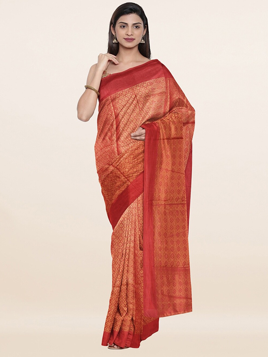 

Pothys Red & Gold-Toned Woven Design Zari Jute Cotton Saree