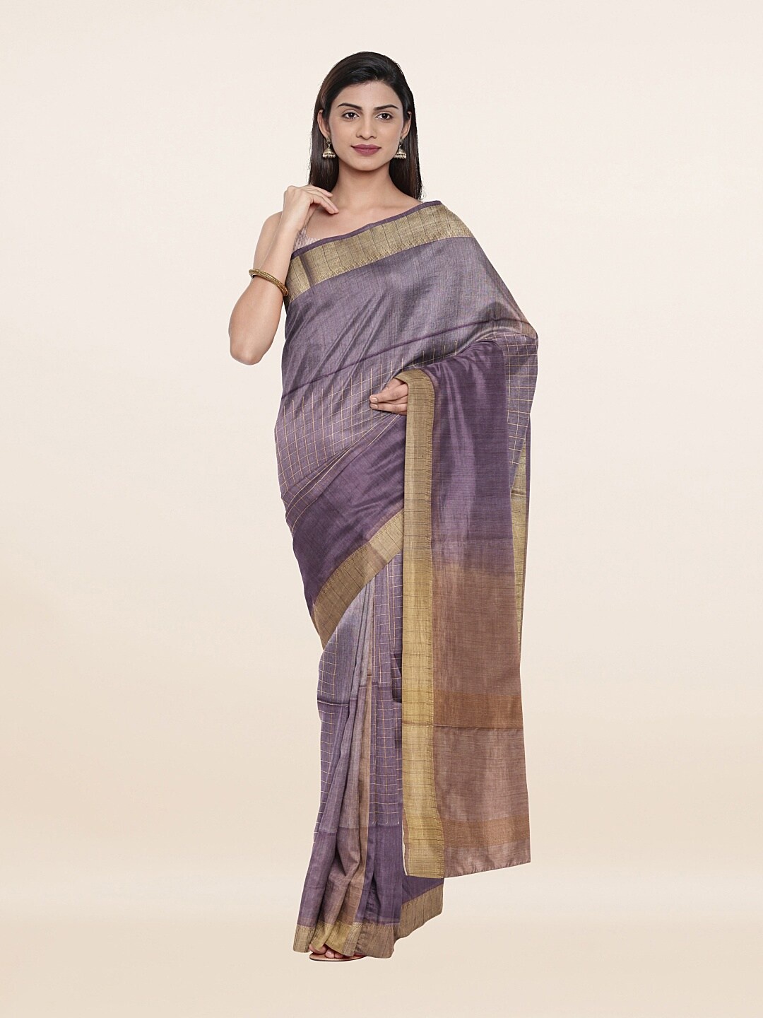 

Pothys Violet & Gold-Toned Geometric Printed Zari Jute Cotton Saree