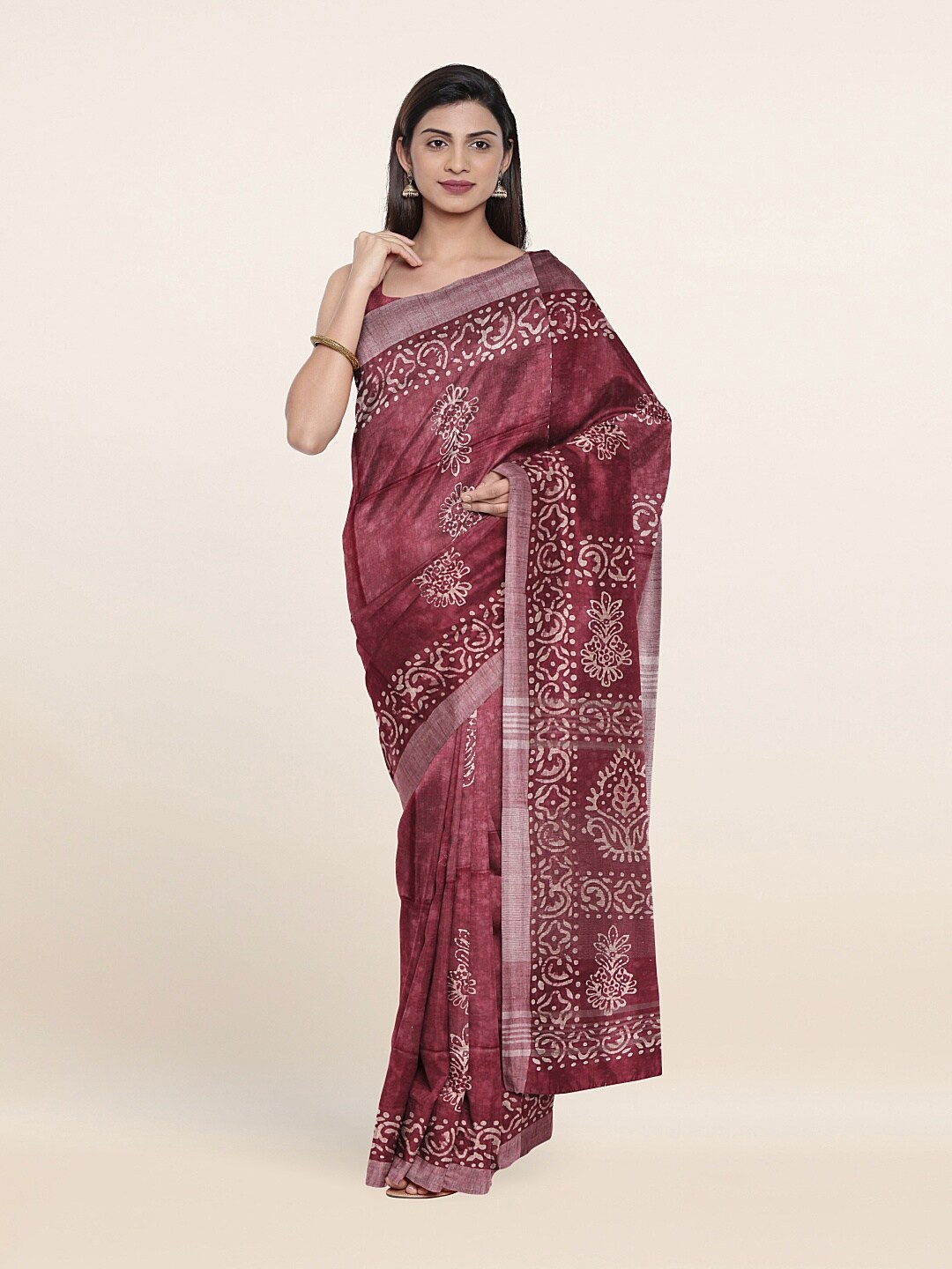 

Pothys Maroon & Silver-Toned Floral Printed Zari Jute Cotton Saree