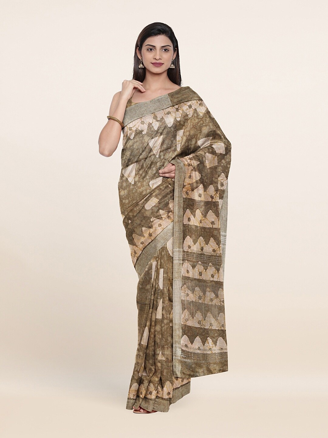 

Pothys Green & Silver-Toned Batik Jute Cotton Saree