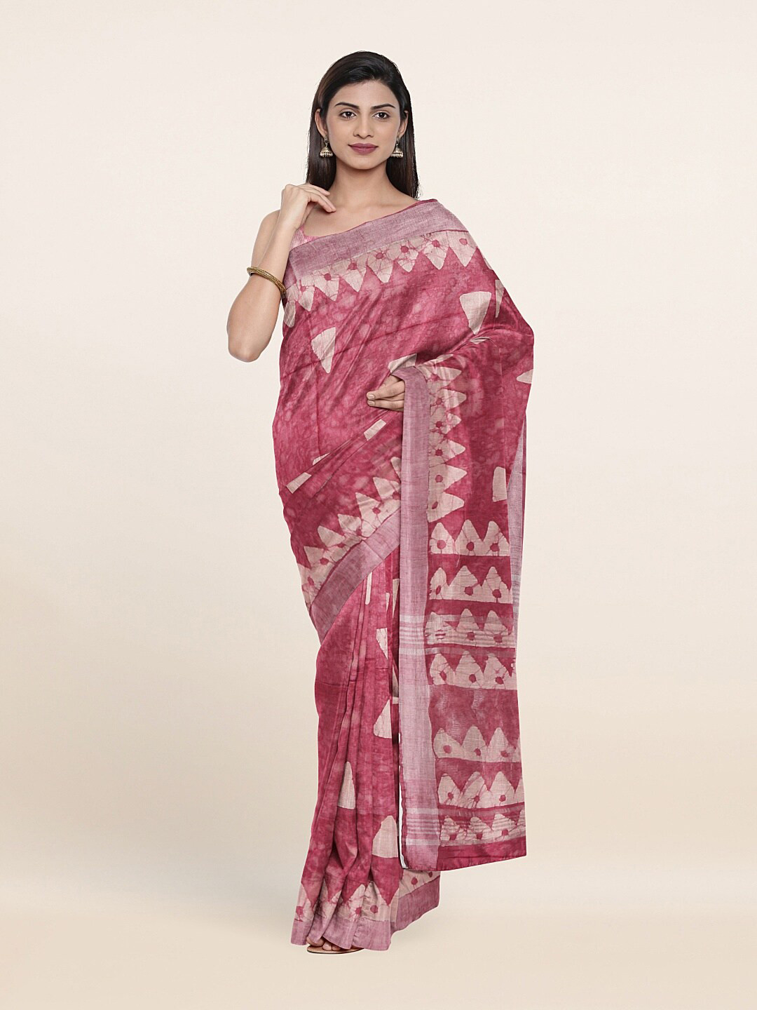 

Pothys Pink & Off-White Batik Zari Jute Cotton Saree