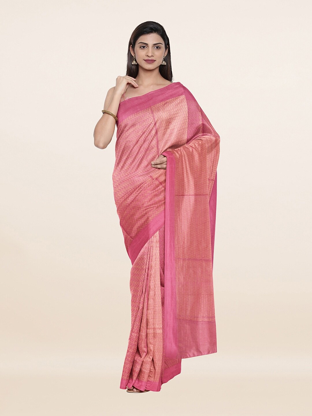 

Pothys Pink & Gold-Toned Woven Design Zari Jute Cotton Saree