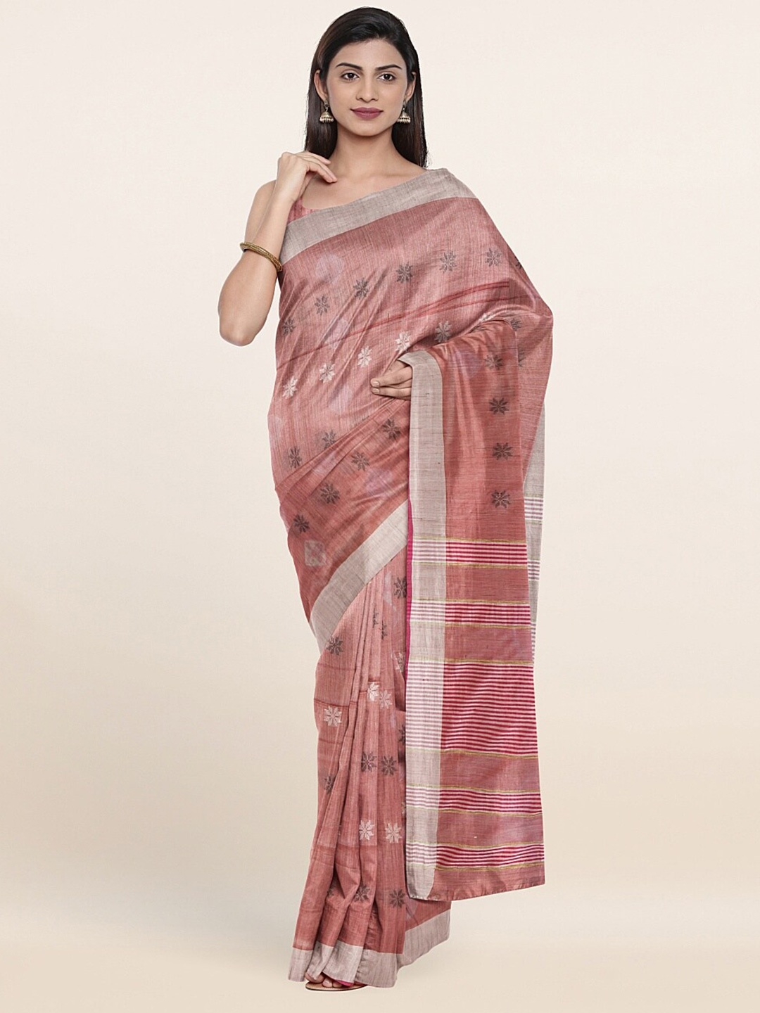 

Pothys Mauve & Silver-Toned Floral Printed Jute Cotton Saree