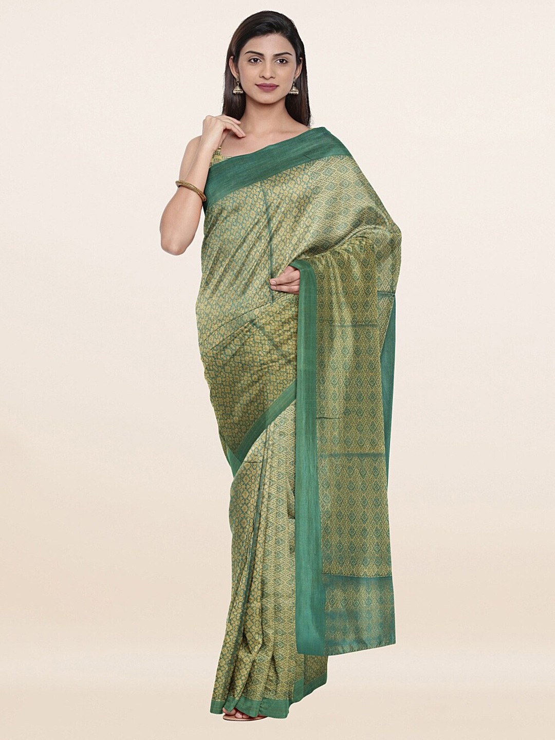 

Pothys Green & Gold-Toned Woven Design Baswada Jute Cotton Saree