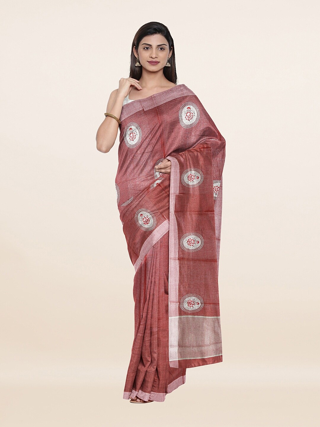 

Pothys Maroon & Silver-Toned Floral Tissue Saree