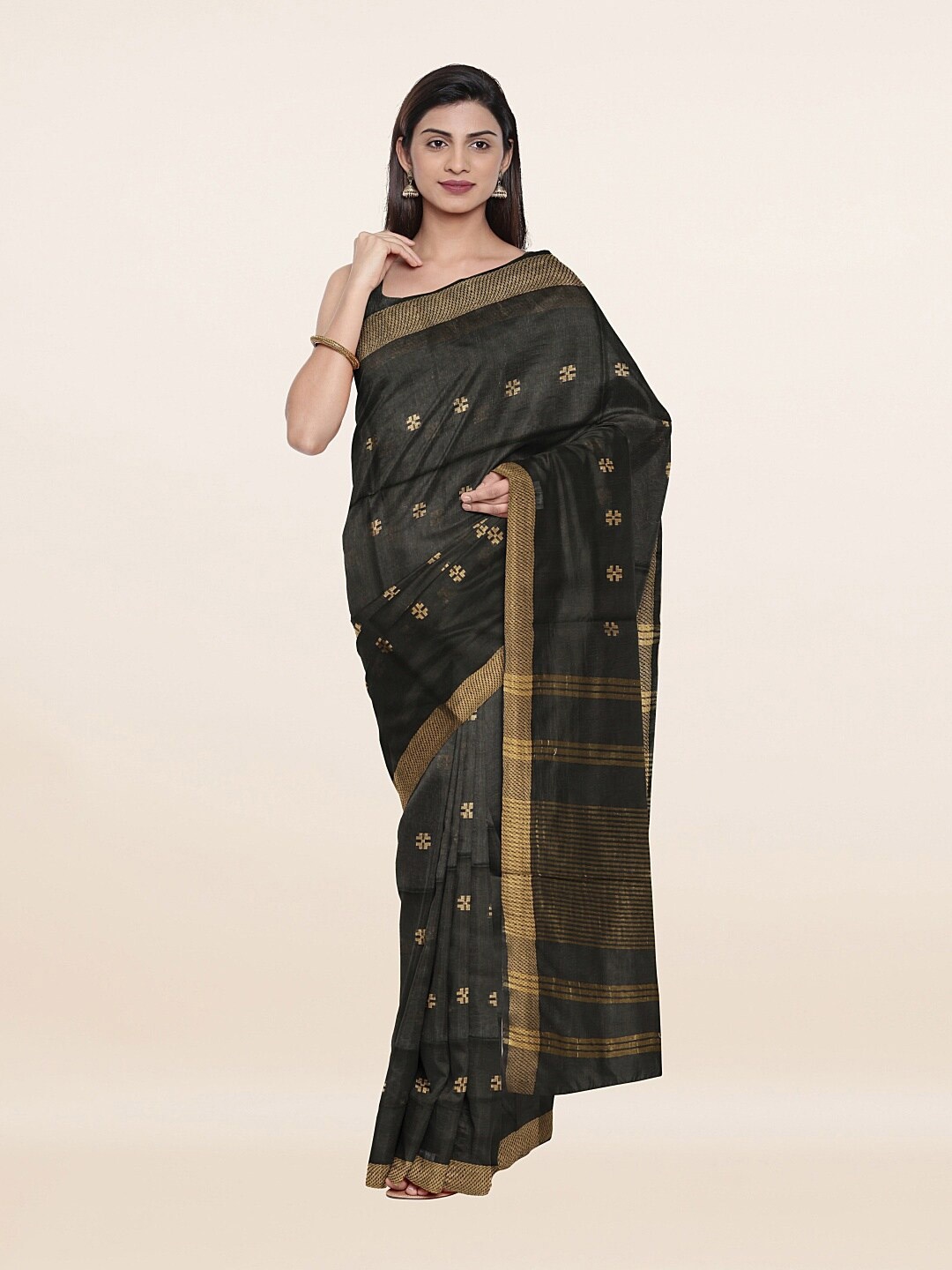 

Pothys Black & Golden Ethnic Motifs Zari Jute Cotton Saree