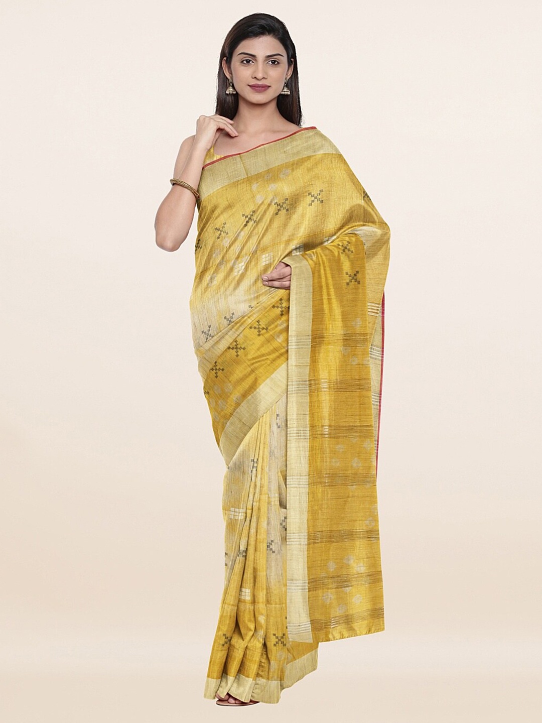 

Pothys Yellow & Gold-Toned Woven Design Zari Jute Cotton Saree
