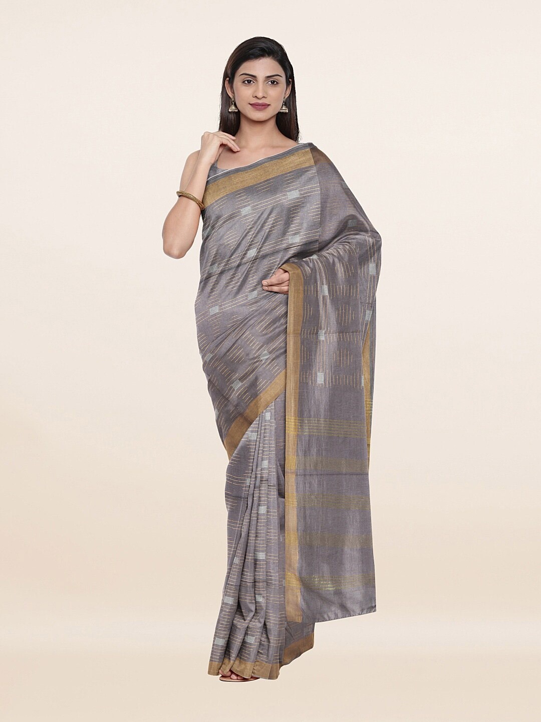 

Pothys Grey & Gold-Toned Woven Design Zari Jute Cotton Saree
