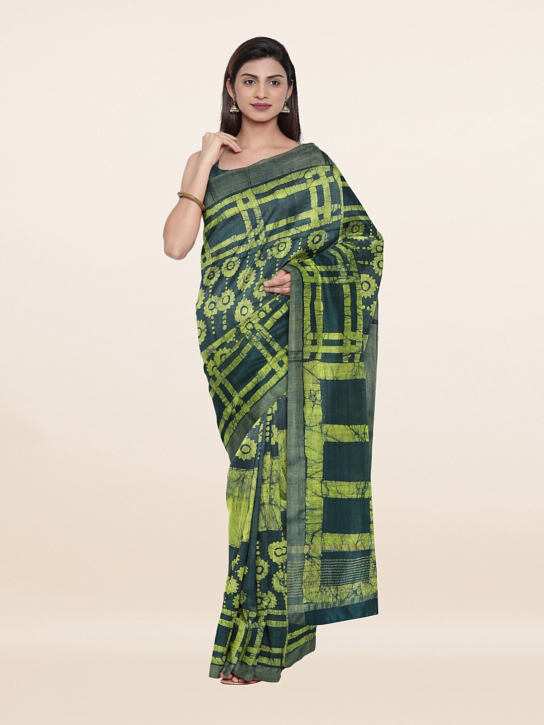 

Pothys Green & Blue Batik Printed Jute Cotton Saree