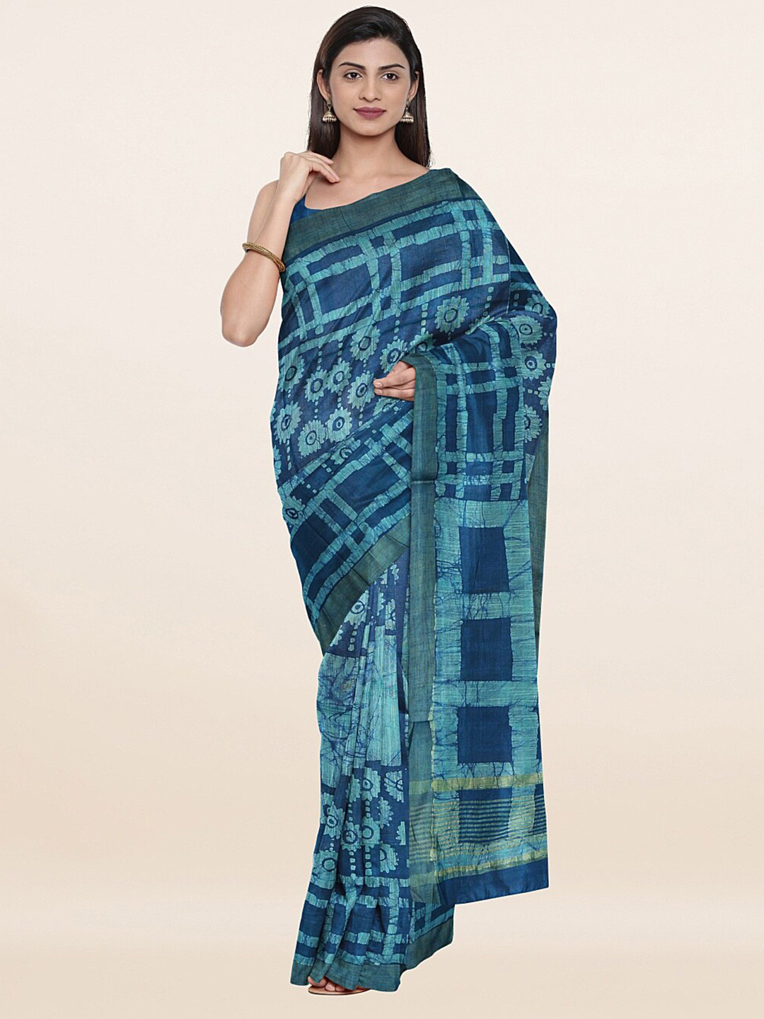 

Pothys Blue & Gold-Toned Printed Baswada Jute Cotton Saree