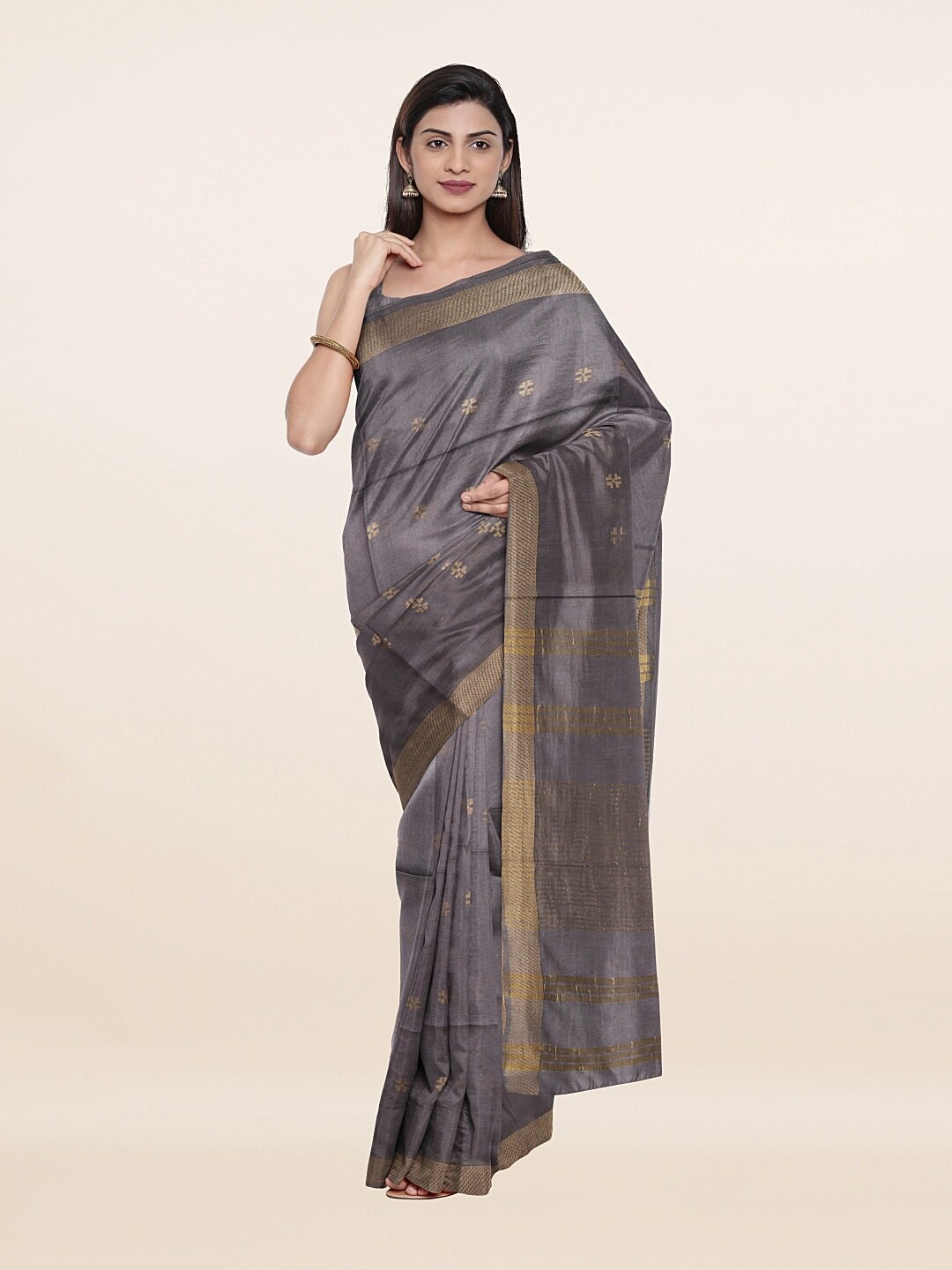 

Pothys Grey & Gold-Toned Floral Zari Jute Cotton Saree