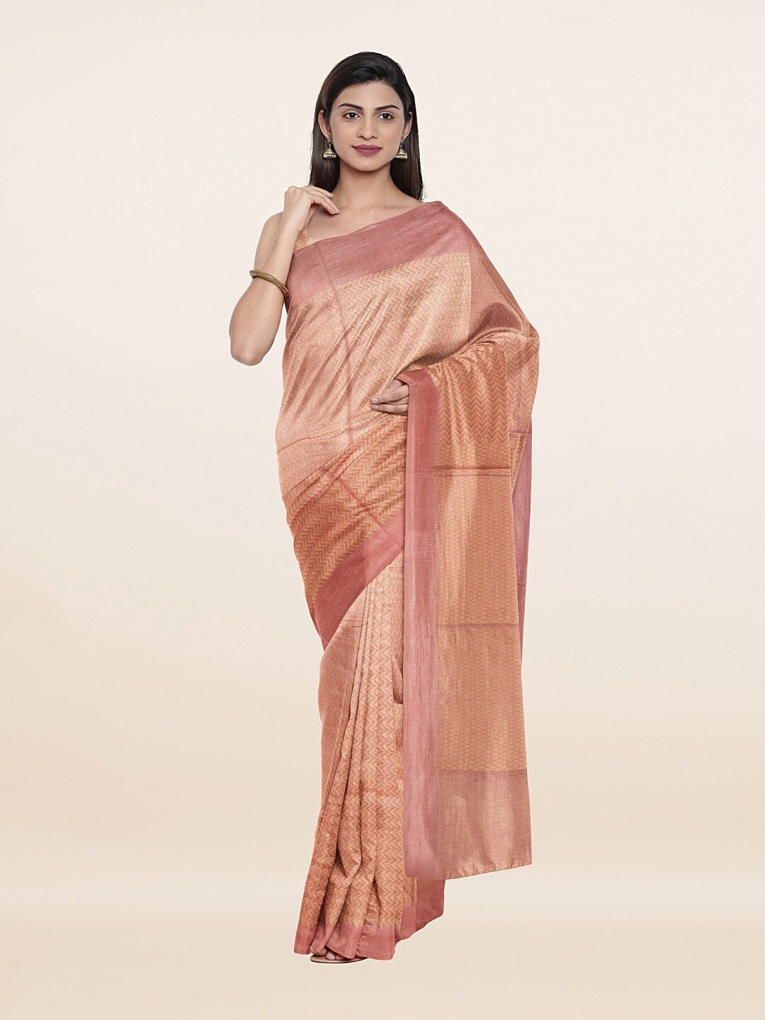 

Pothys Pink & Golden Geometric Woven Design Zari Jute Cotton Saree