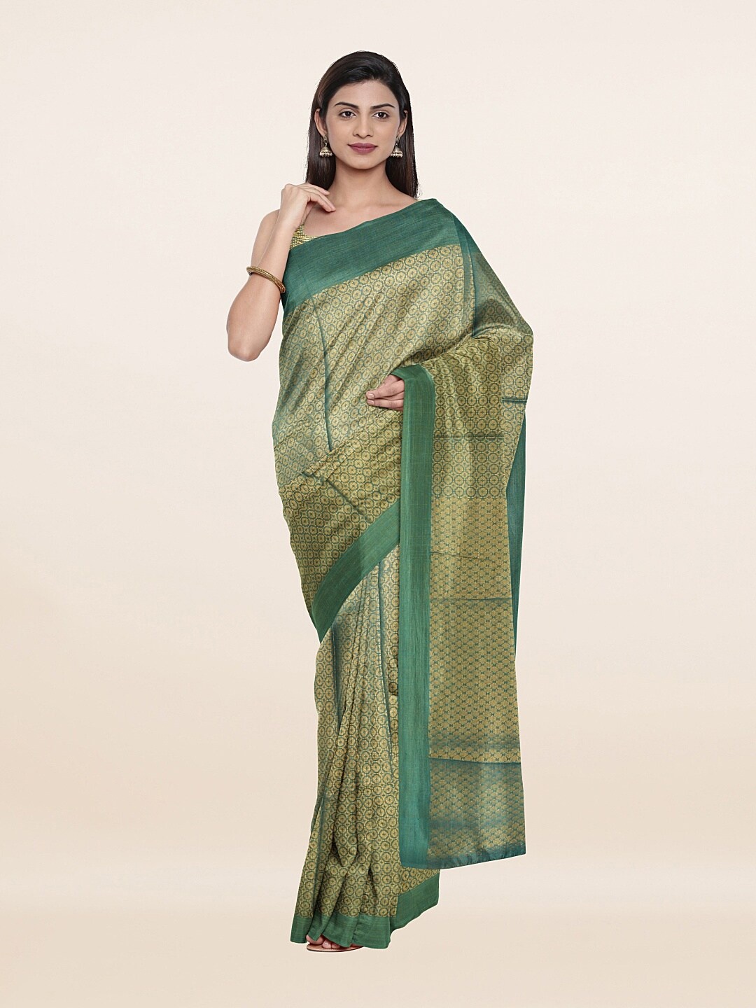 

Pothys Green & Golden Ethnic Motifs Zari Jute Cotton Saree