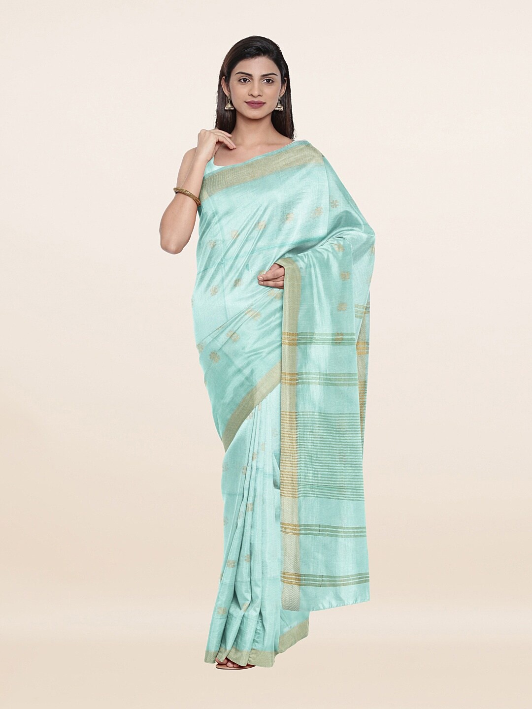 

Pothys Blue & Gold-Toned Woven Design Zari Jute Cotton Saree