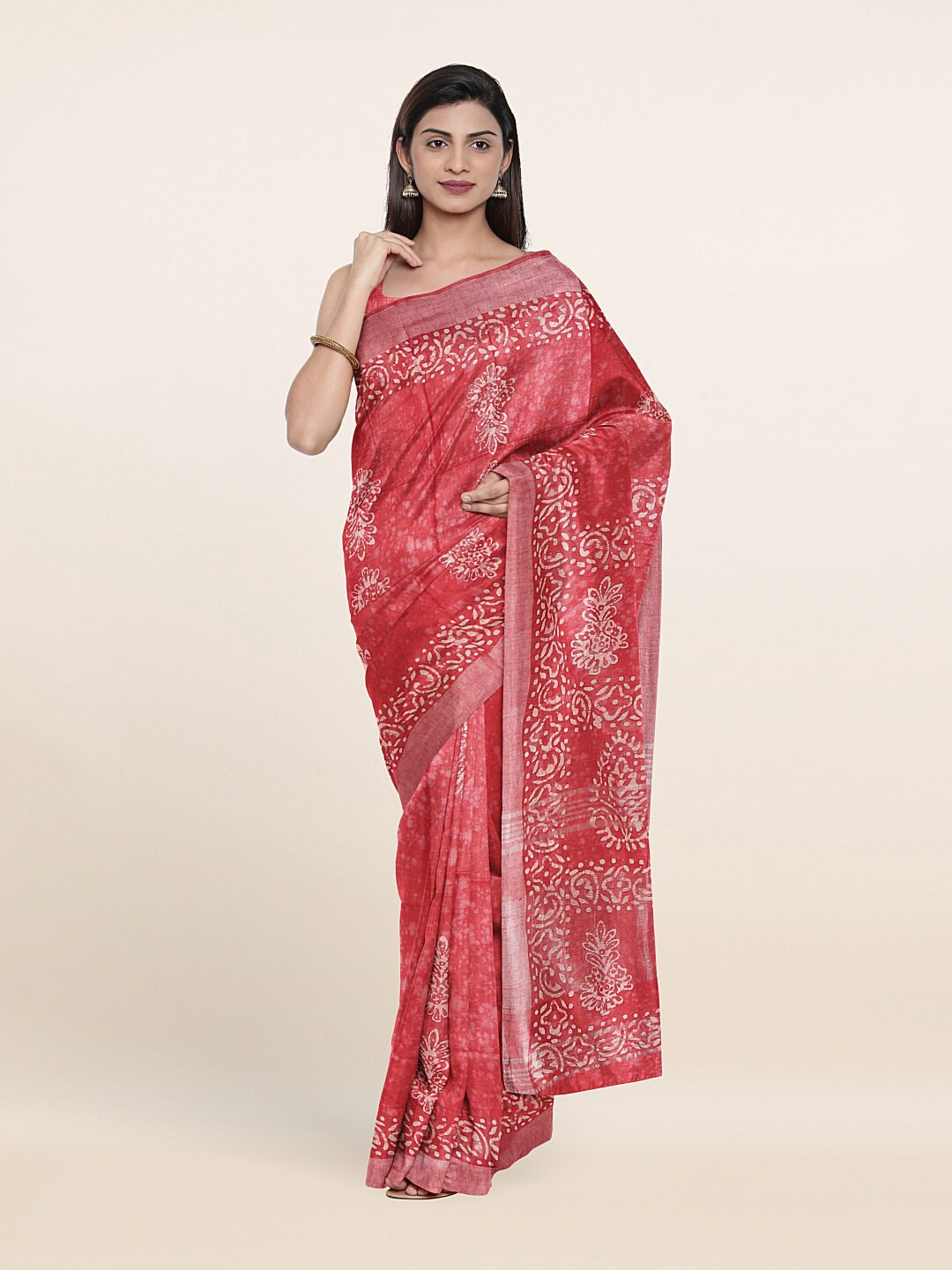 

Pothys Red & White Ethnic Motifs Printed Zari Jute Cotton Saree