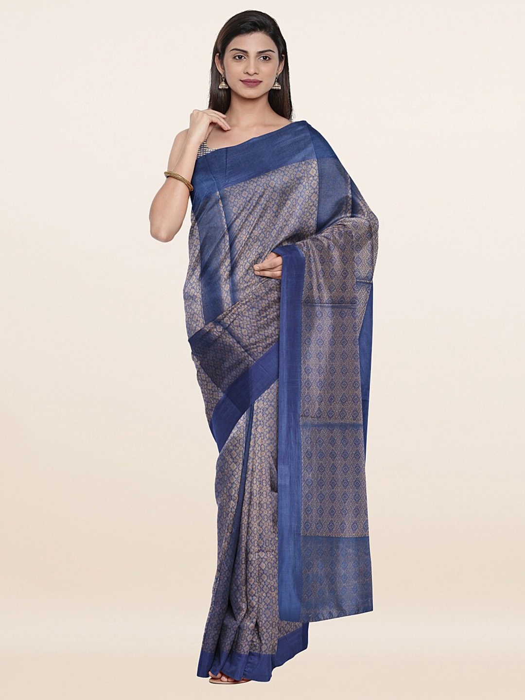 

Pothys Blue & Gold-Toned Ethnic Motifs Woven Design Zari Jute Cotton Saree