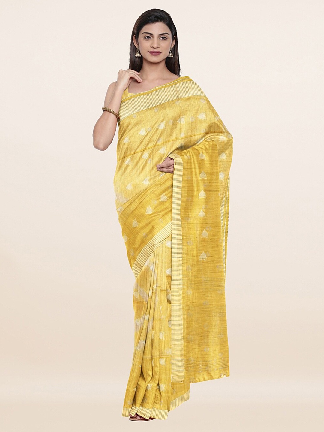 

Pothys Yellow & Gold-Toned Woven Design Jute Cotton Saree