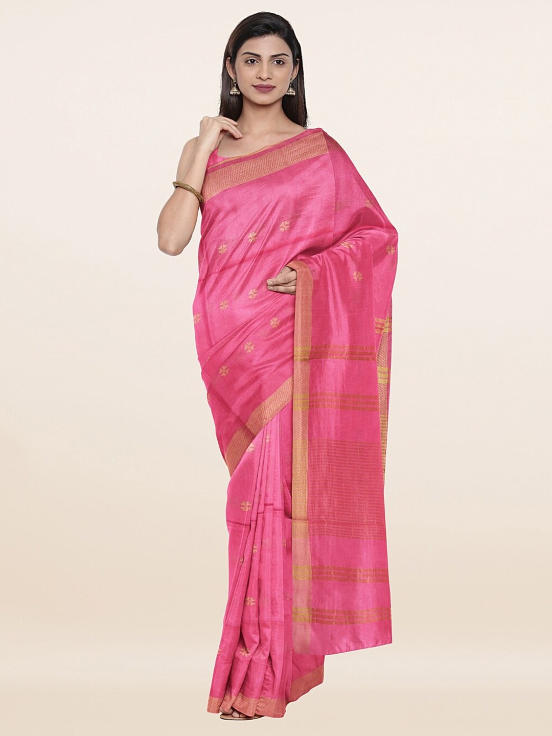 

Pothys Pink & Gold-Toned Striped Zari Jute Cotton Saree