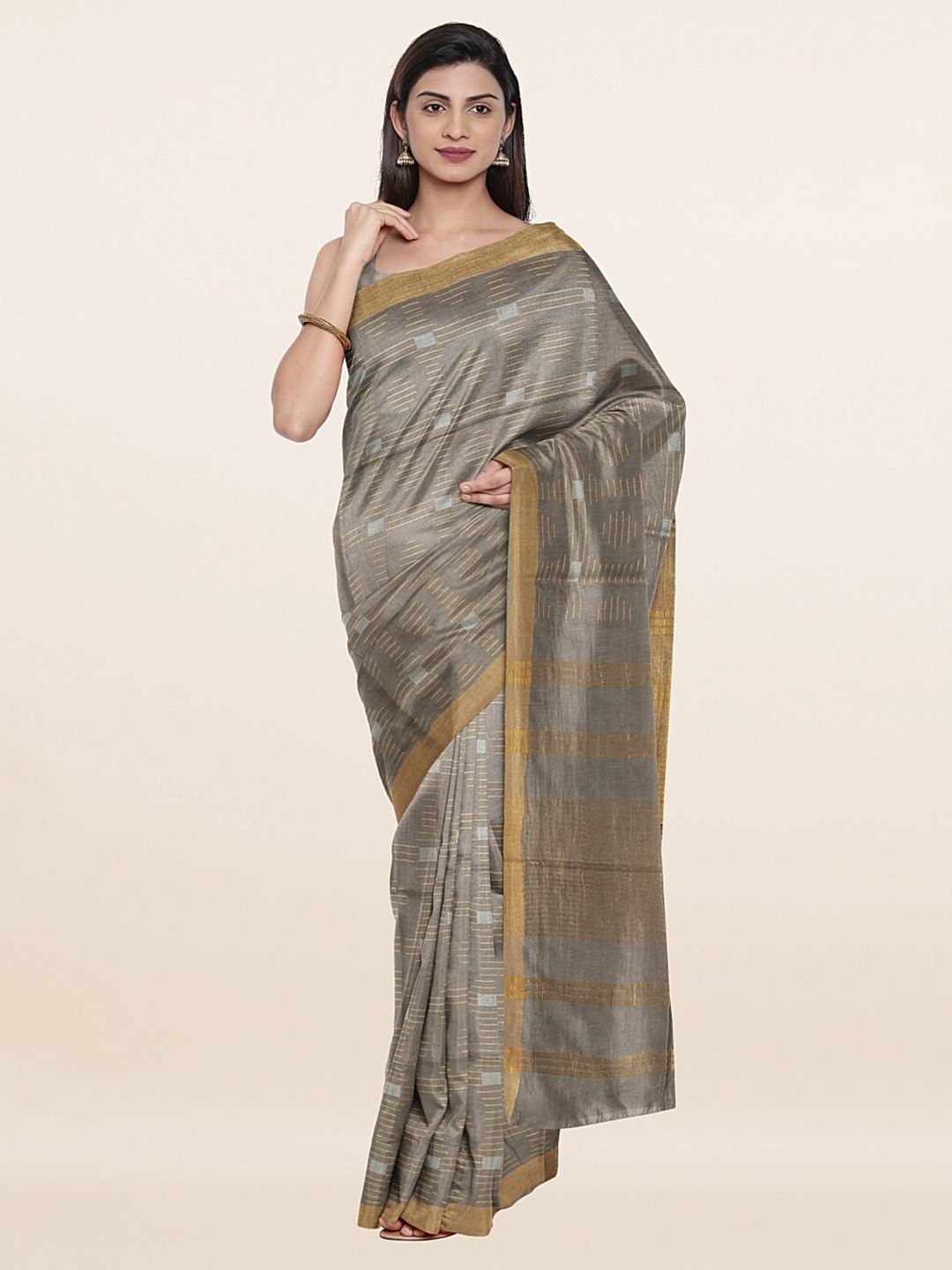 

Pothys Grey & Gold-Toned Woven Design Zari Jute Cotton Saree