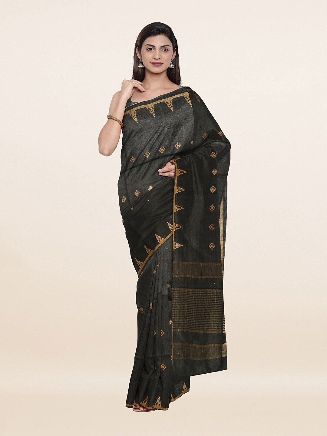 

Pothys Black & Gold-Toned Ethnic Motifs Zari Jute Cotton Saree