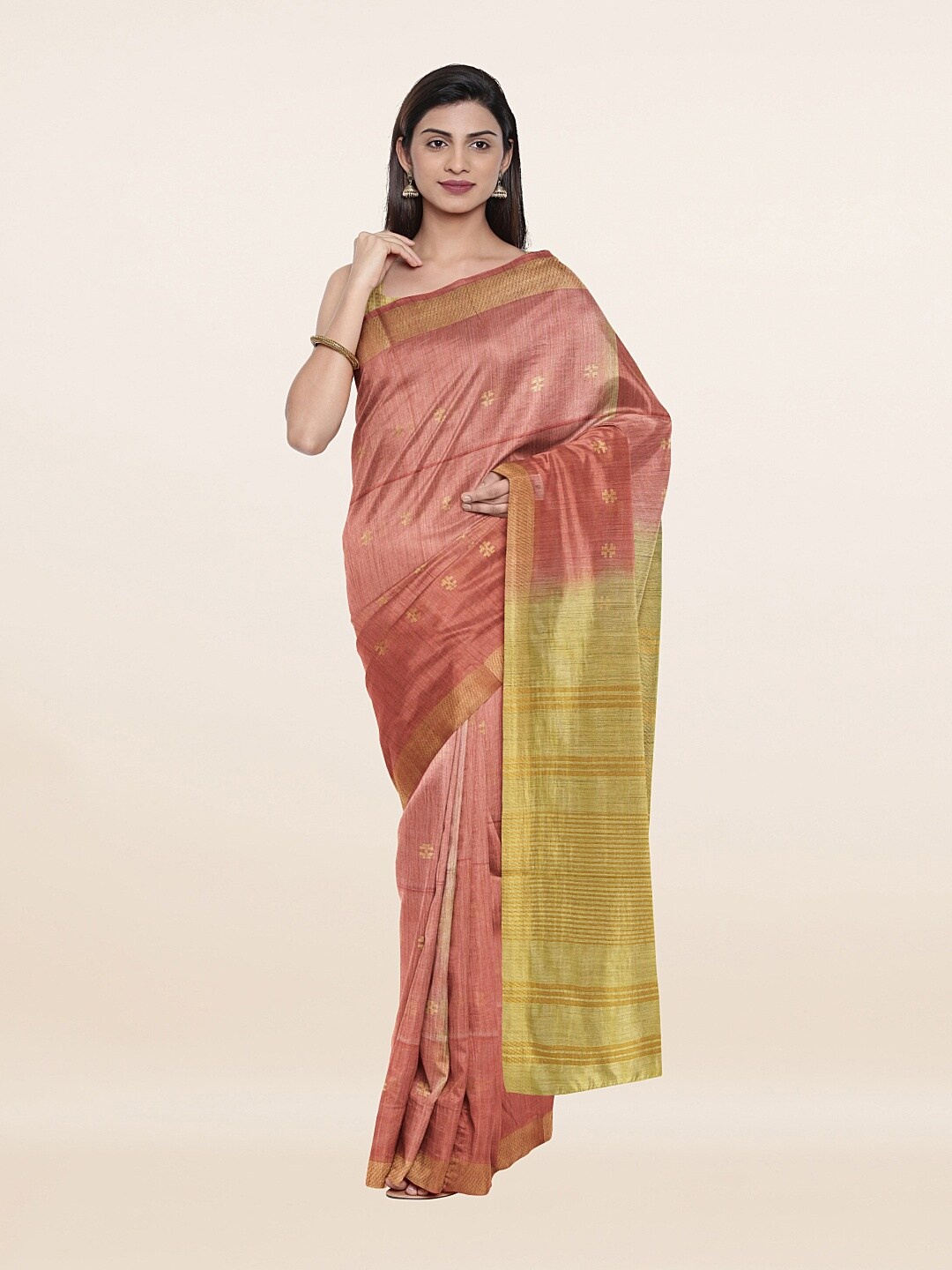 

Pothys Pink & Green Floral Jute Cotton Saree