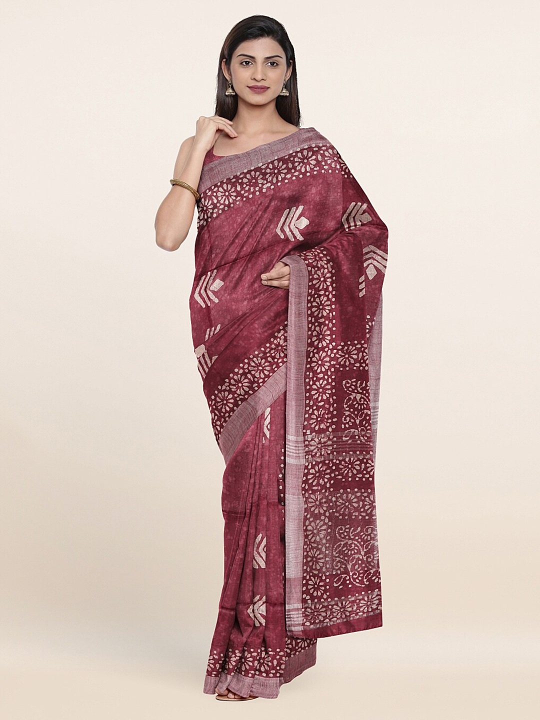 

Pothys Purple & Silver-Toned Ethnic Motifs Baswada Jute Cotton Saree