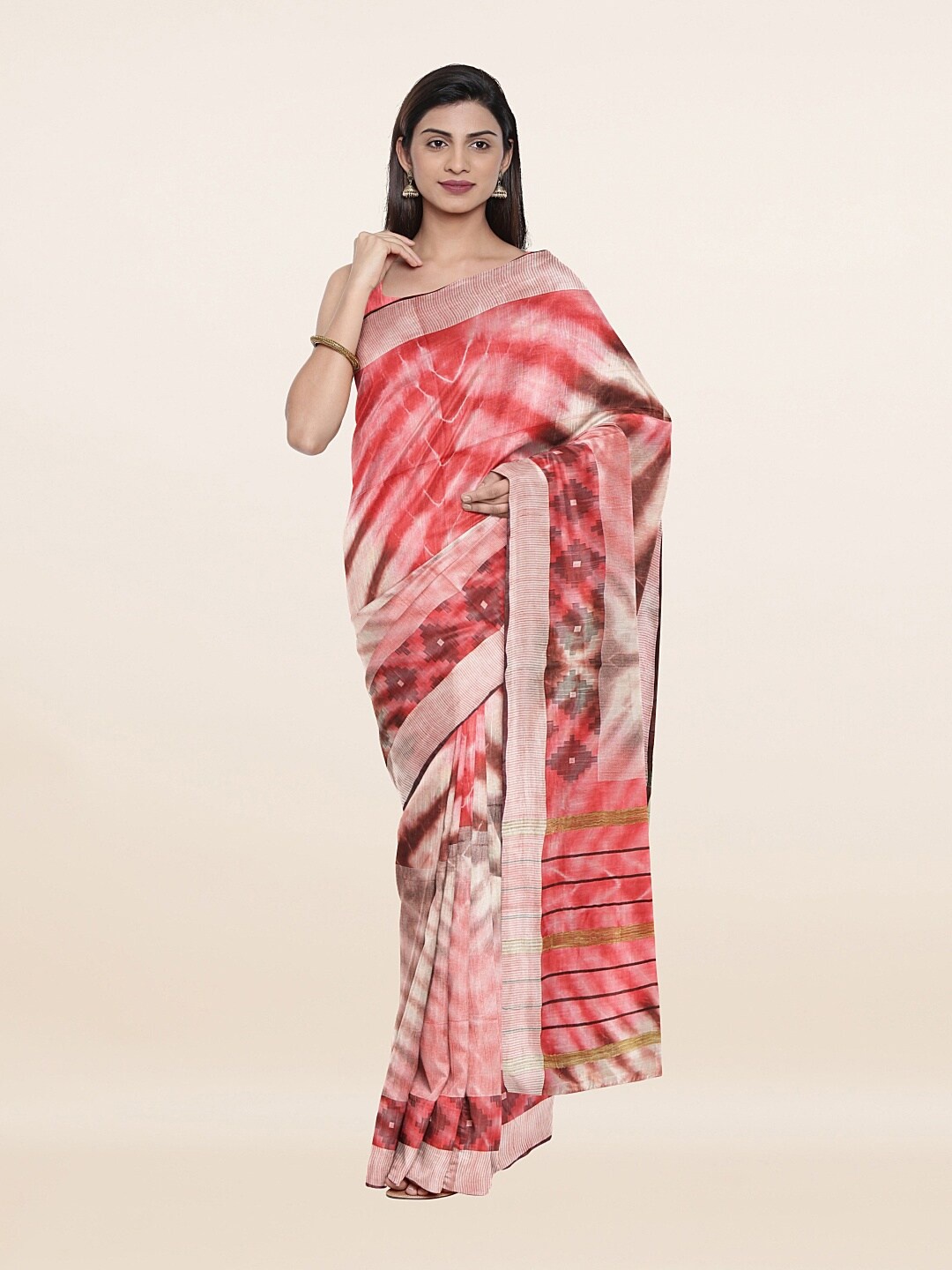 

Pothys Pink & Red Batik Printed Jute Cotton Saree