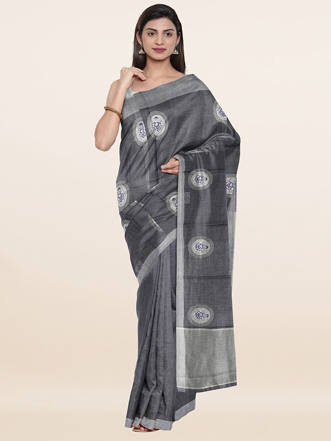 

Pothys Black & Silver-Toned Ethnic Motifs Zari Tissue Saree