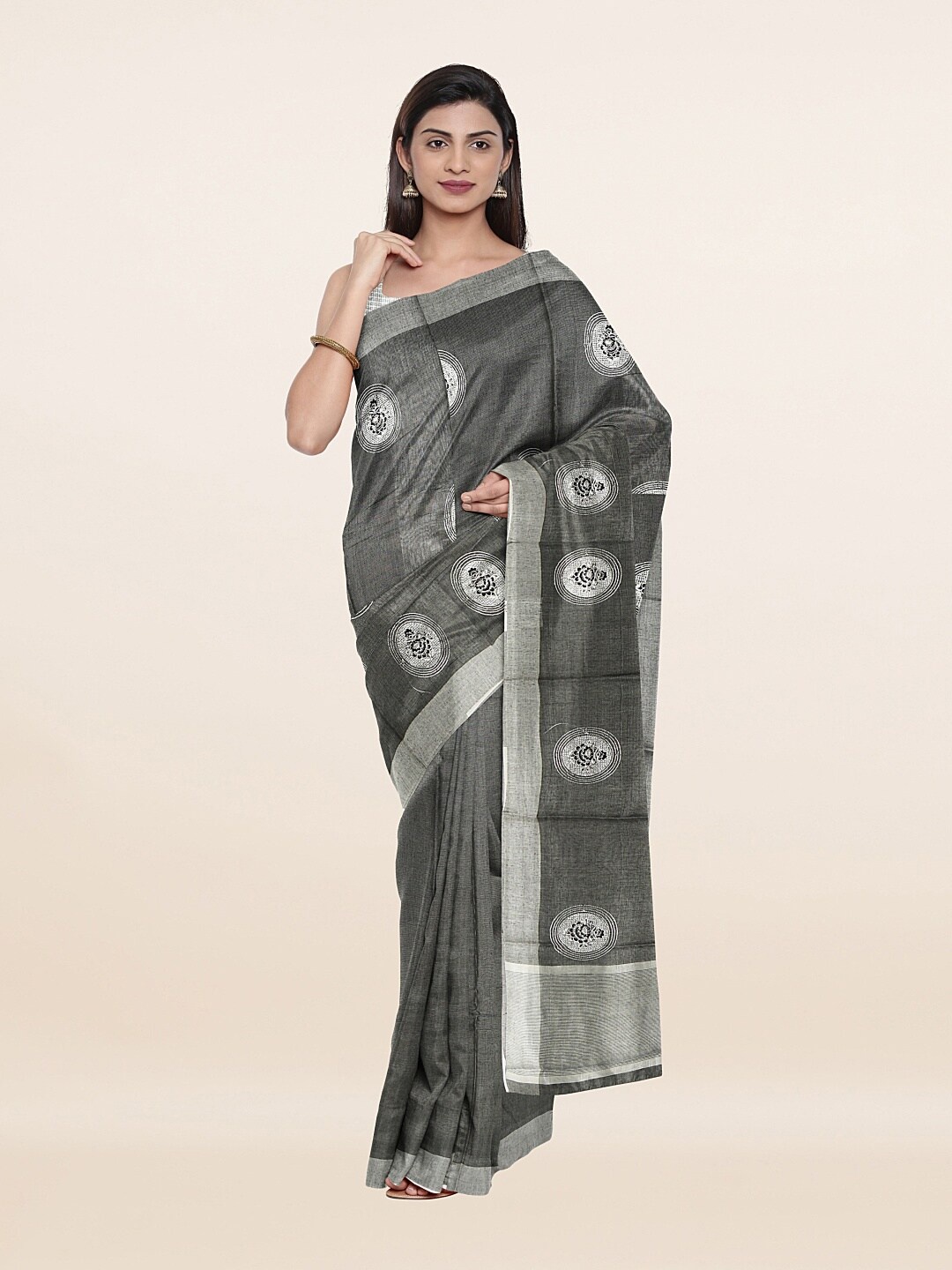 

Pothys Black & Silver-Toned Ethnic Motifs Zari Tissue Saree