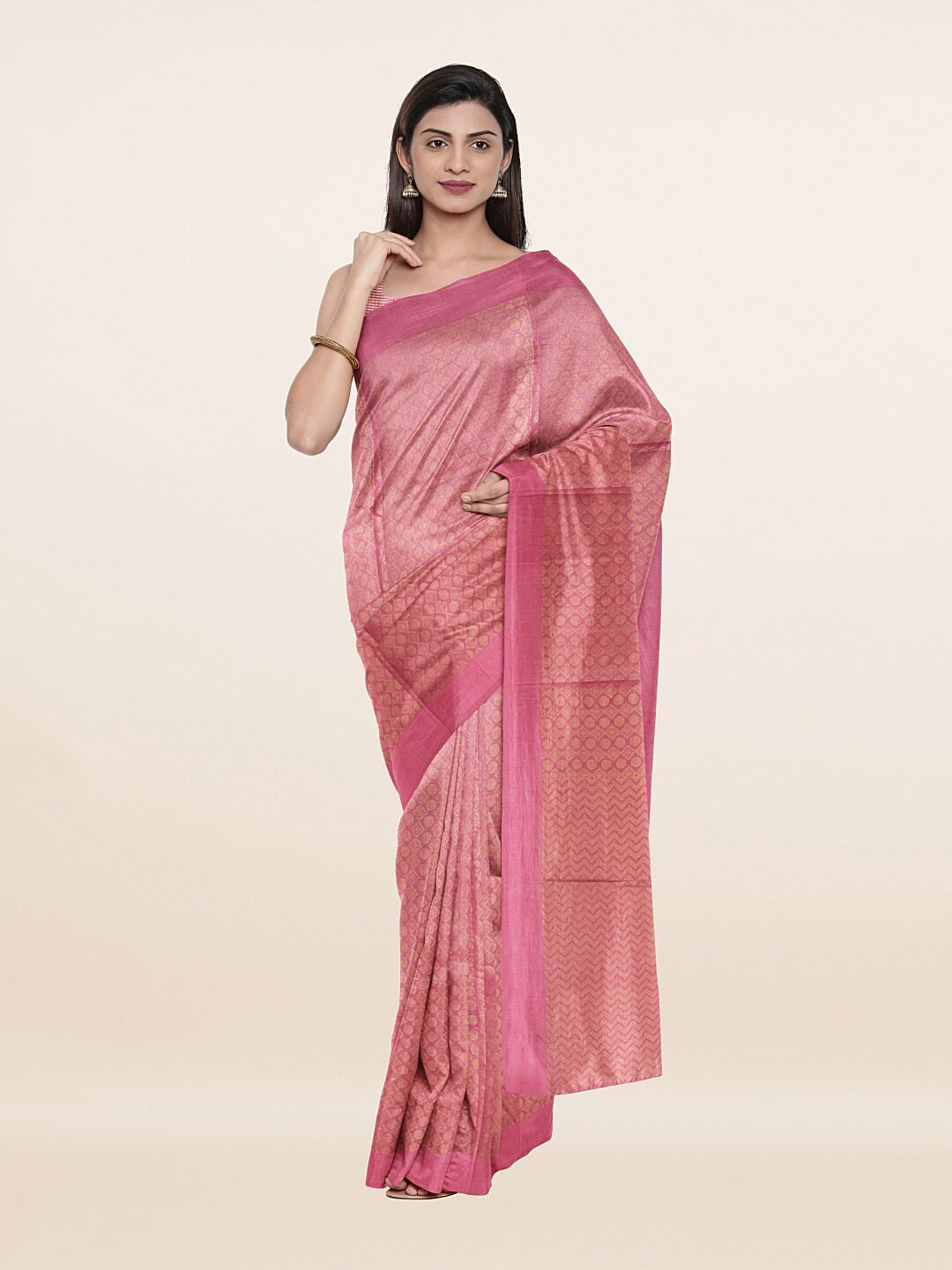 

Pothys Pink & Golden Zari Jute Cotton Saree