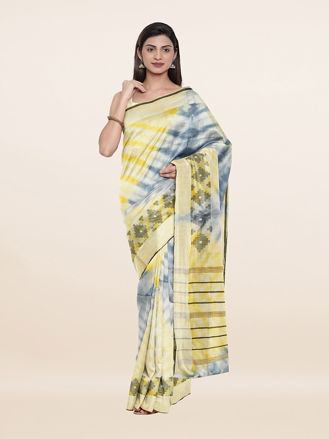 

Pothys Yellow & Blue Tie and Dye Zari Jute Cotton Saree