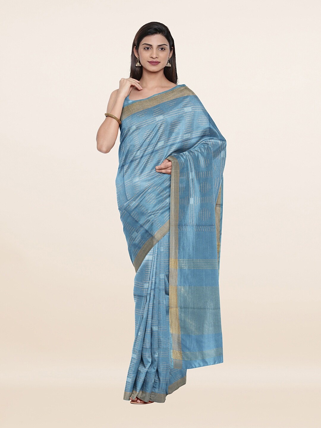 

Pothys Blue & Gold-Toned Woven Design Zari Jute Cotton Saree