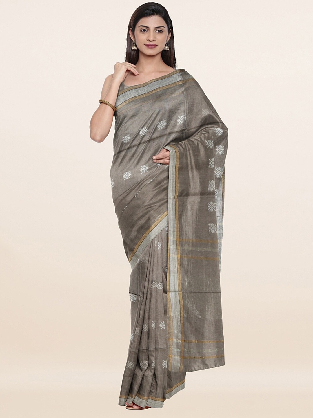 

Pothys Grey Floral Zari Jute Cotton Saree