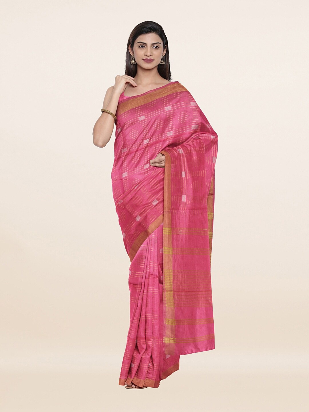 

Pothys Pink & Gold Woven Design Zari Jute Cotton Saree