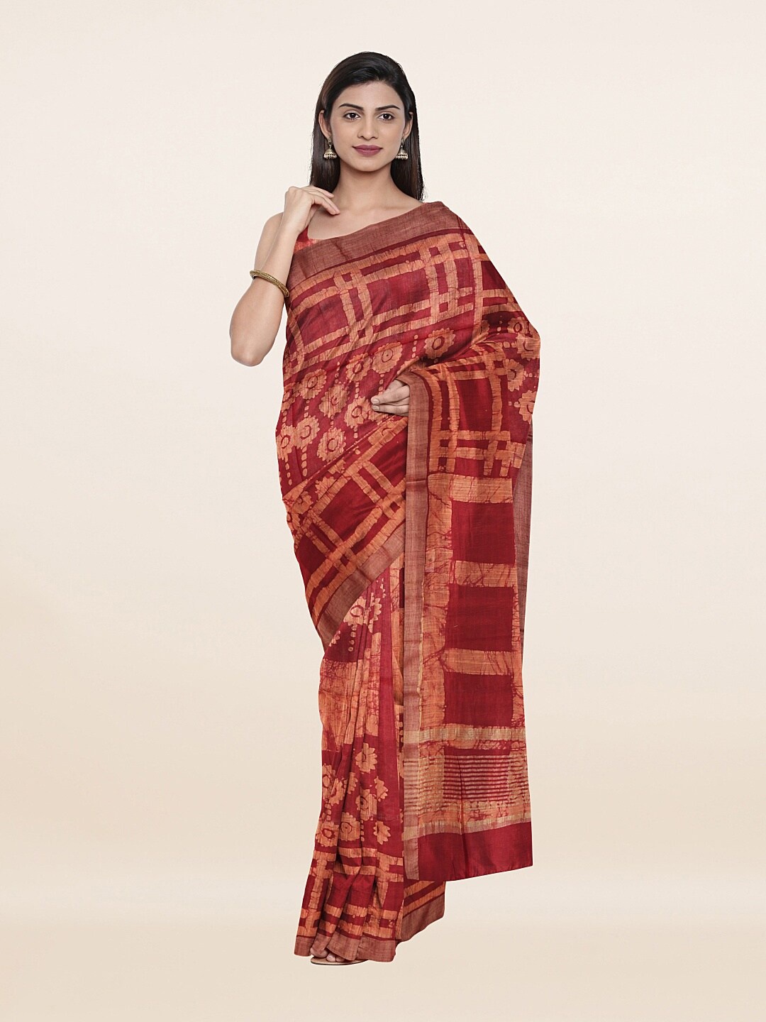 

Pothys Rust & Gold-Toned Batik Zari Jute Cotton Saree