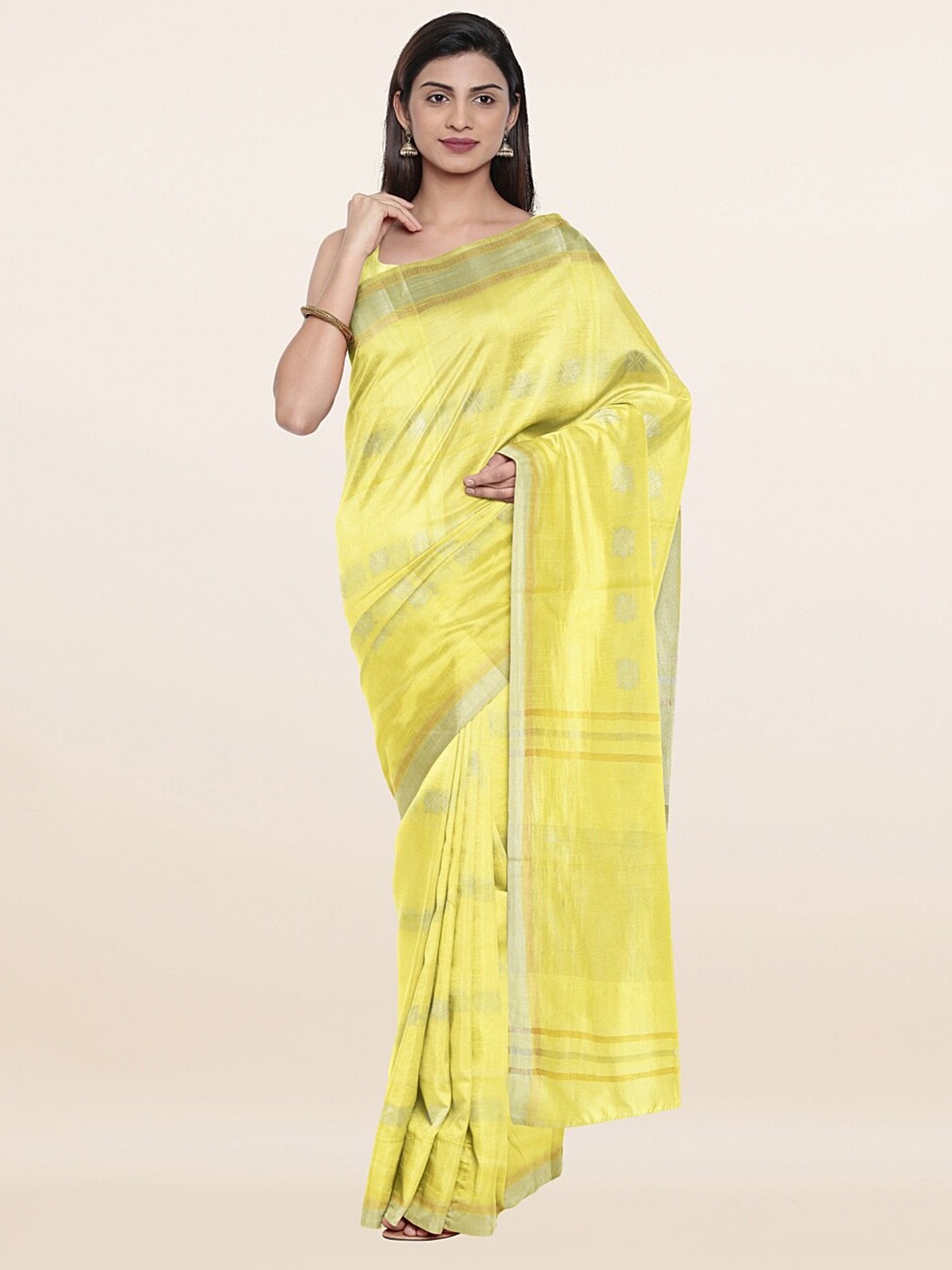 

Pothys Yellow & Silver-Toned Woven Design Zari Jute Cotton Saree