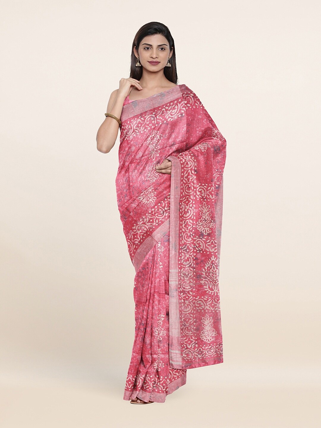 

Pothys Pink & Silver-Toned Floral Zari Jute Cotton Saree