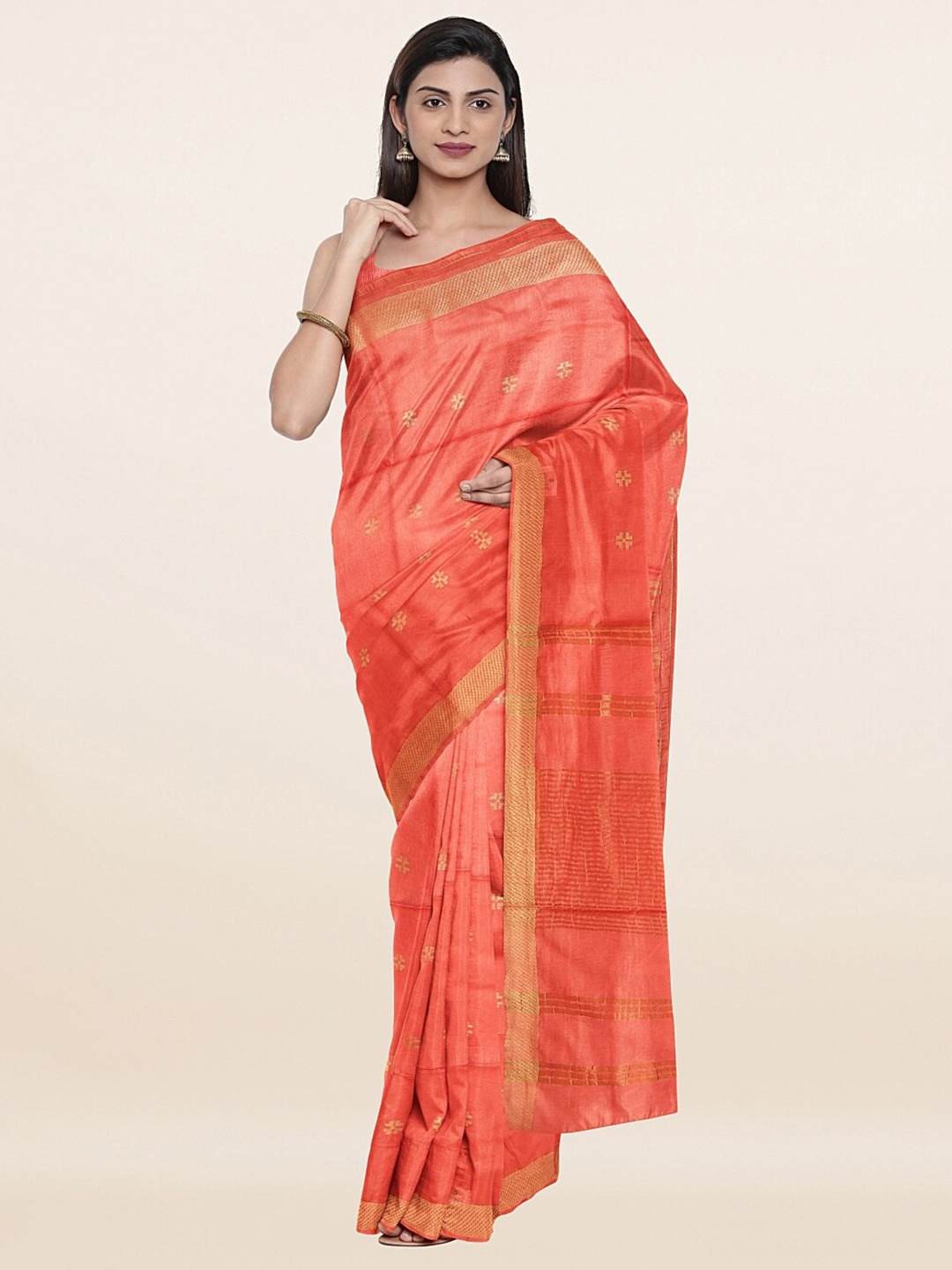 

Pothys Orange & Gold-Toned Woven Design Zari Jute Cotton Saree