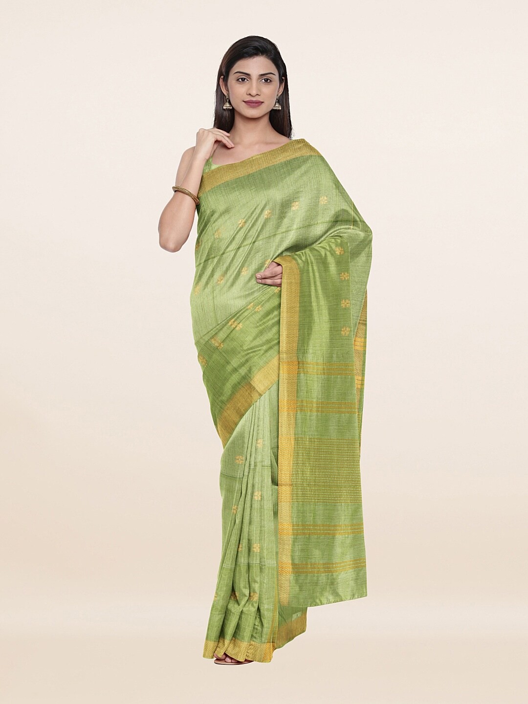 

Pothys Green & Gold-Toned Floral Zari Jute Cotton Saree