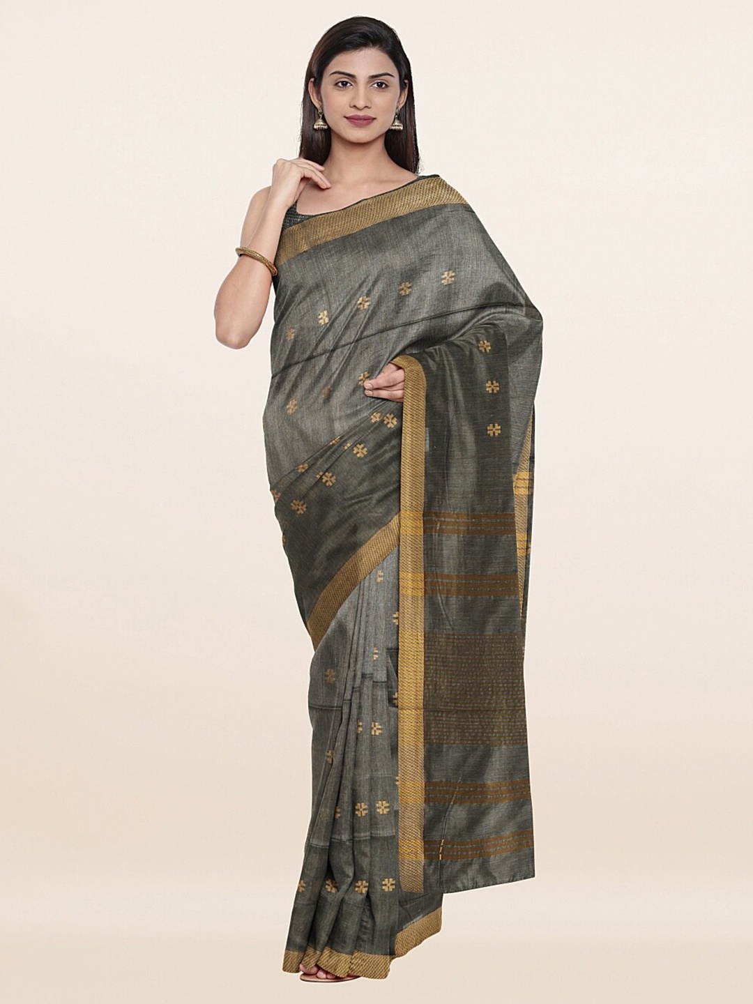 

Pothys Grey & Golden Ethnic Motifs Woven Design Zari Jute Cotton Saree
