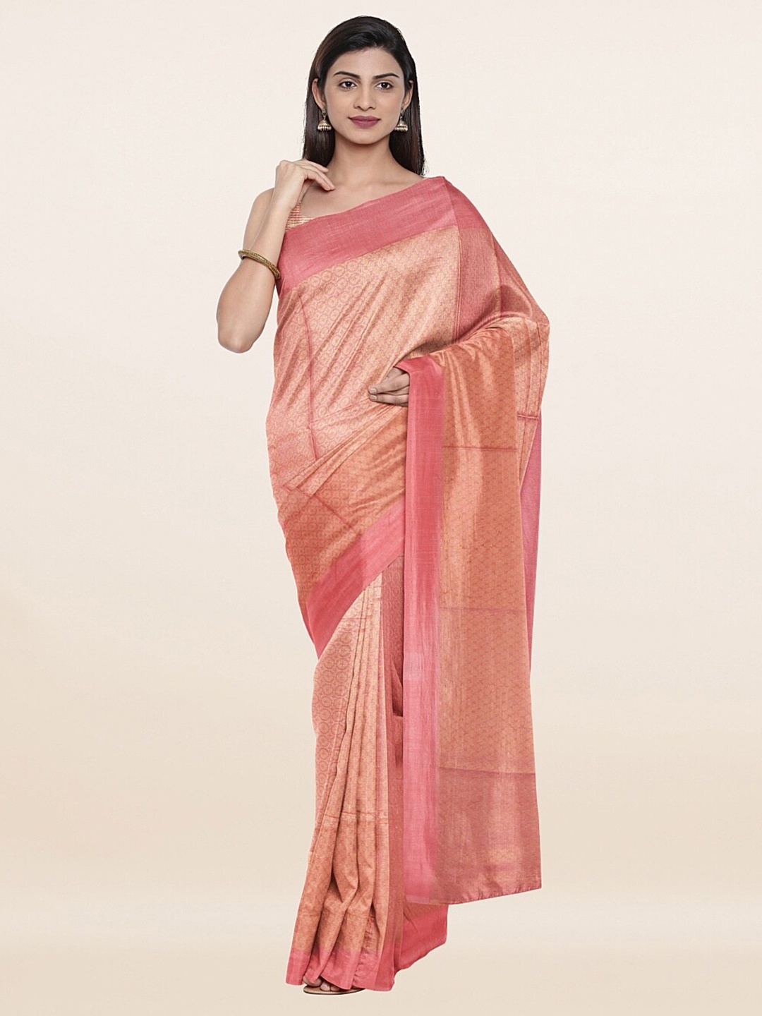 

Pothys Pink & Golden Ethnic Motifs Zari Jute Cotton Saree