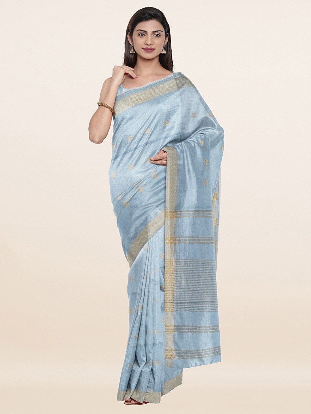 

Pothys Blue & Gold-Toned Striped Zari Jute Cotton Saree