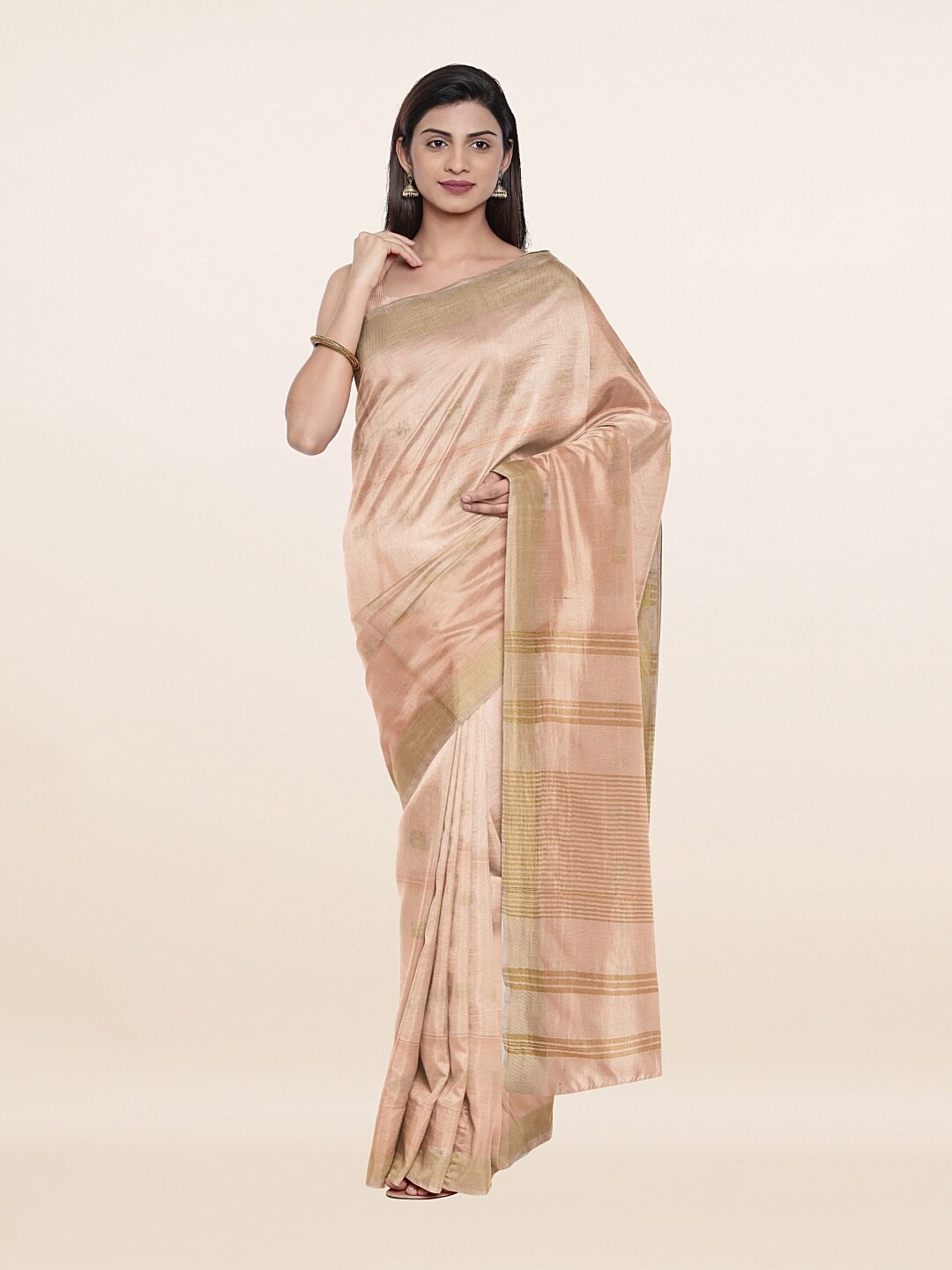 

Pothys Peach-Coloured & Gold-Toned Ethnic Motifs Zari Jute Cotton Saree