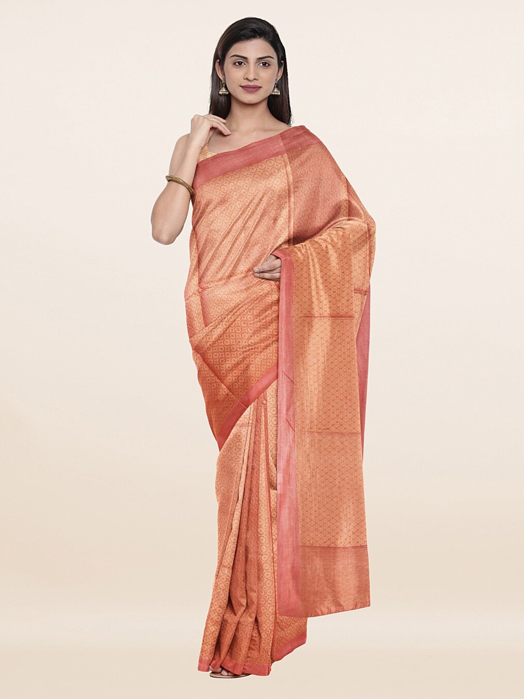 

Pothys Pink & Gold-Toned Woven Design Zari Jute Cotton Saree