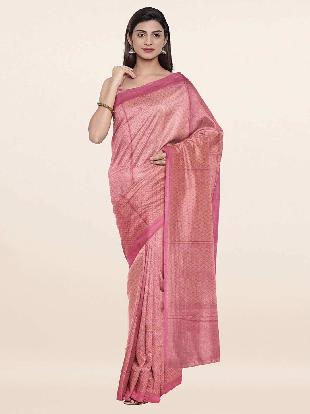 

Pothys Pink & Gold-Toned Woven Design Baswada Jute Cotton Saree