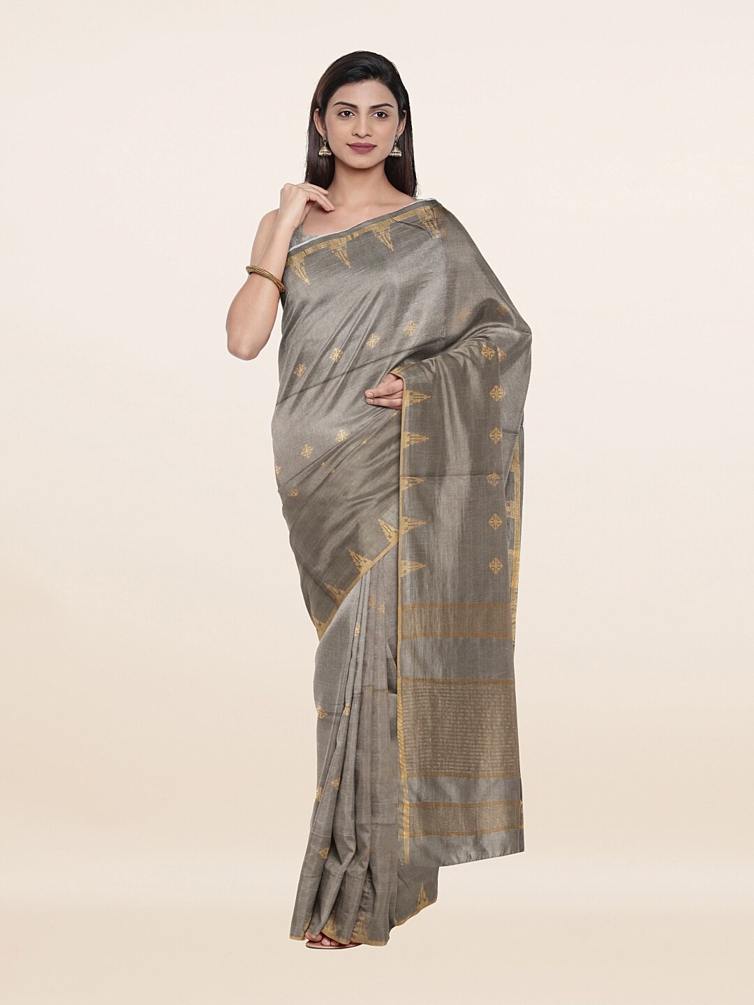 

Pothys Grey & Golden Ethnic Motifs Zari Jute Cotton Saree